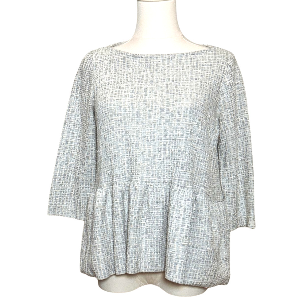 Amadi Relaxed Peplum Cotton Blend Top 3/4 Sleeve Gray White Textured Small Boho